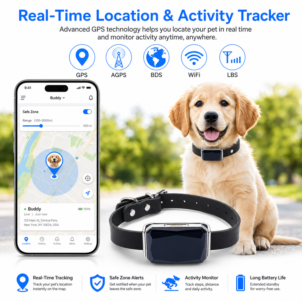 GPS Pet Tracker Collar for Lost Pet Location Tracking